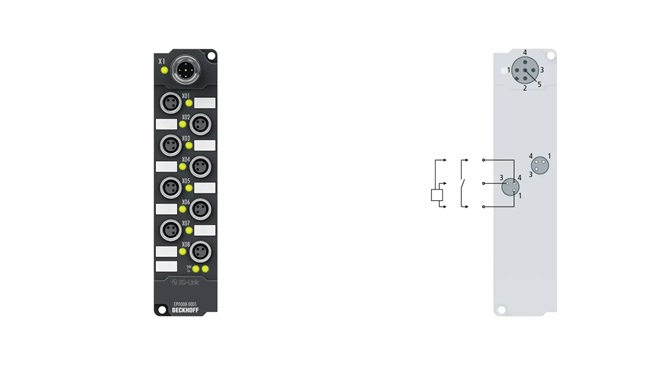 Hộp I/O kỹ thuật số 8 kênh Beckhoff EPI1008-0001, 24 VDC, cổng M8, điều chỉnh được – IO-Link